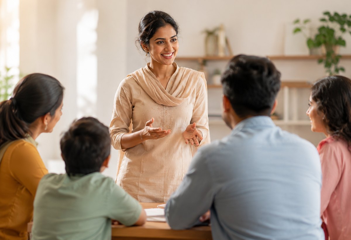 Teacher guiding students at Pranavam Academy